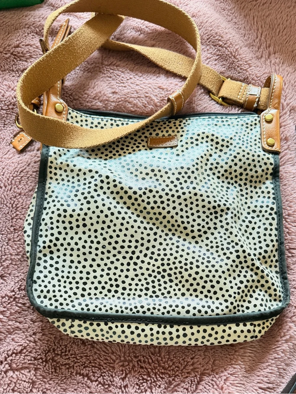 Fossil Cream and Black Polka Dot Crossbody with Tan Strap